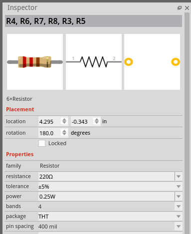 The Inspector editing six selected resistors at once